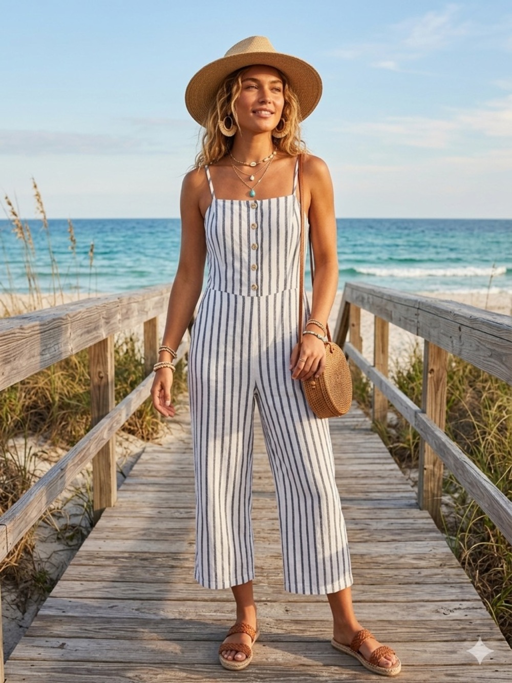 Old Navy Blue & White Striped Linen-Blend Button-Front Cropped Jumpsuit Medium